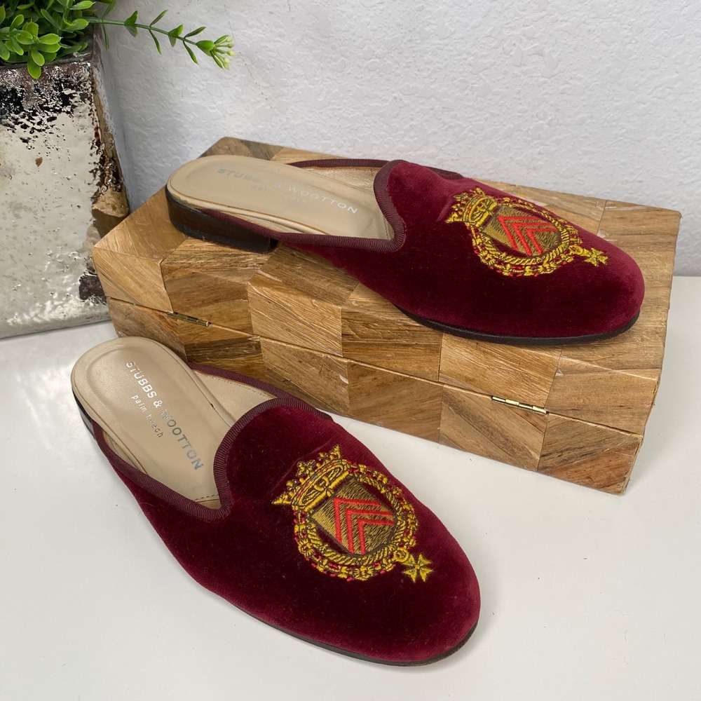 Stubbs &‎ Wootton Velvet Crest Embroidered Mules Slippers Shoes Burgundy Size 7